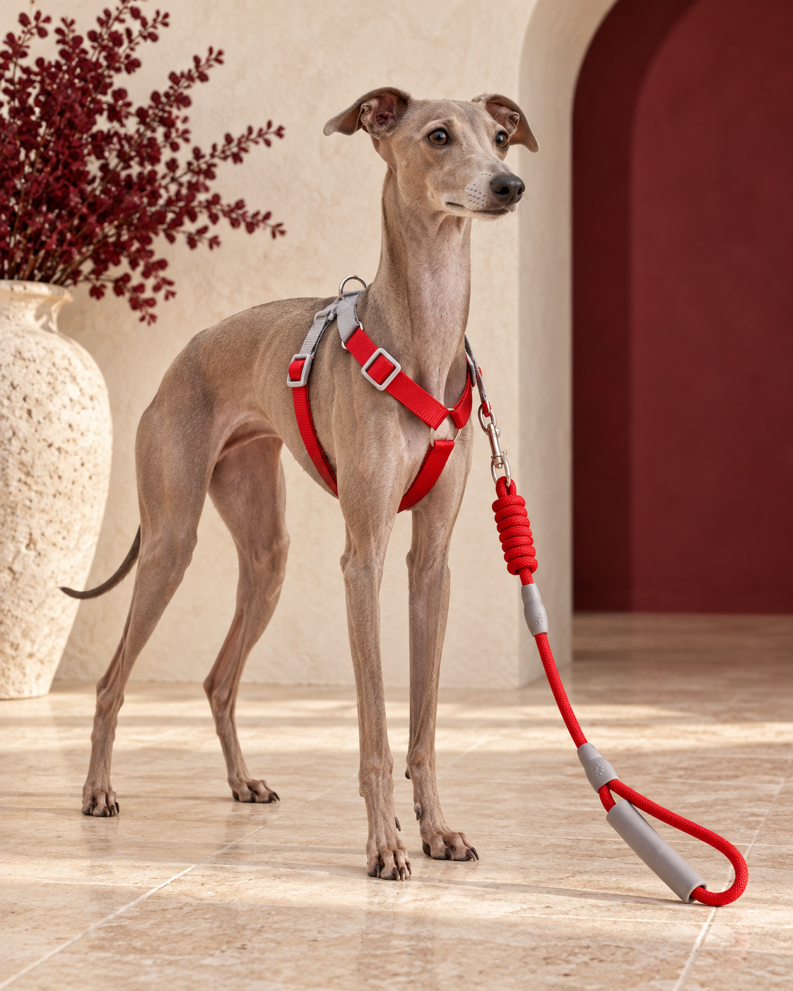 Italian Greyhound wearing the red Macaron harness and rope leash