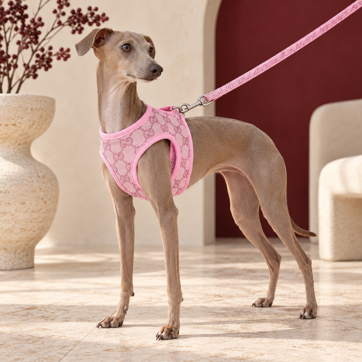 Italian Greyhound wearing the pink mesh harness with matching leash