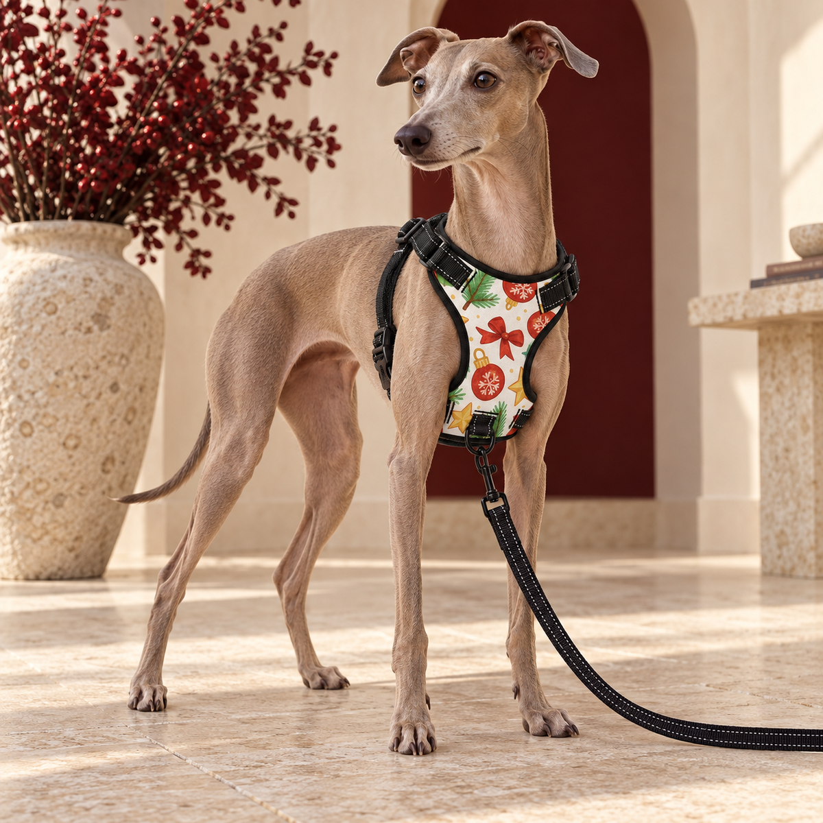 Italian Greyhound wearing the white Christmas ornaments no-pull harness with black leash