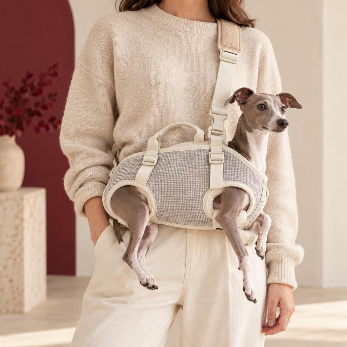 Italian Greyhound in oatmeal carrier
