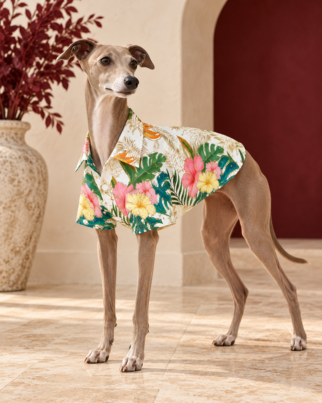 Italian Greyhound wearing the tropical shirt with pink and yellow flowers