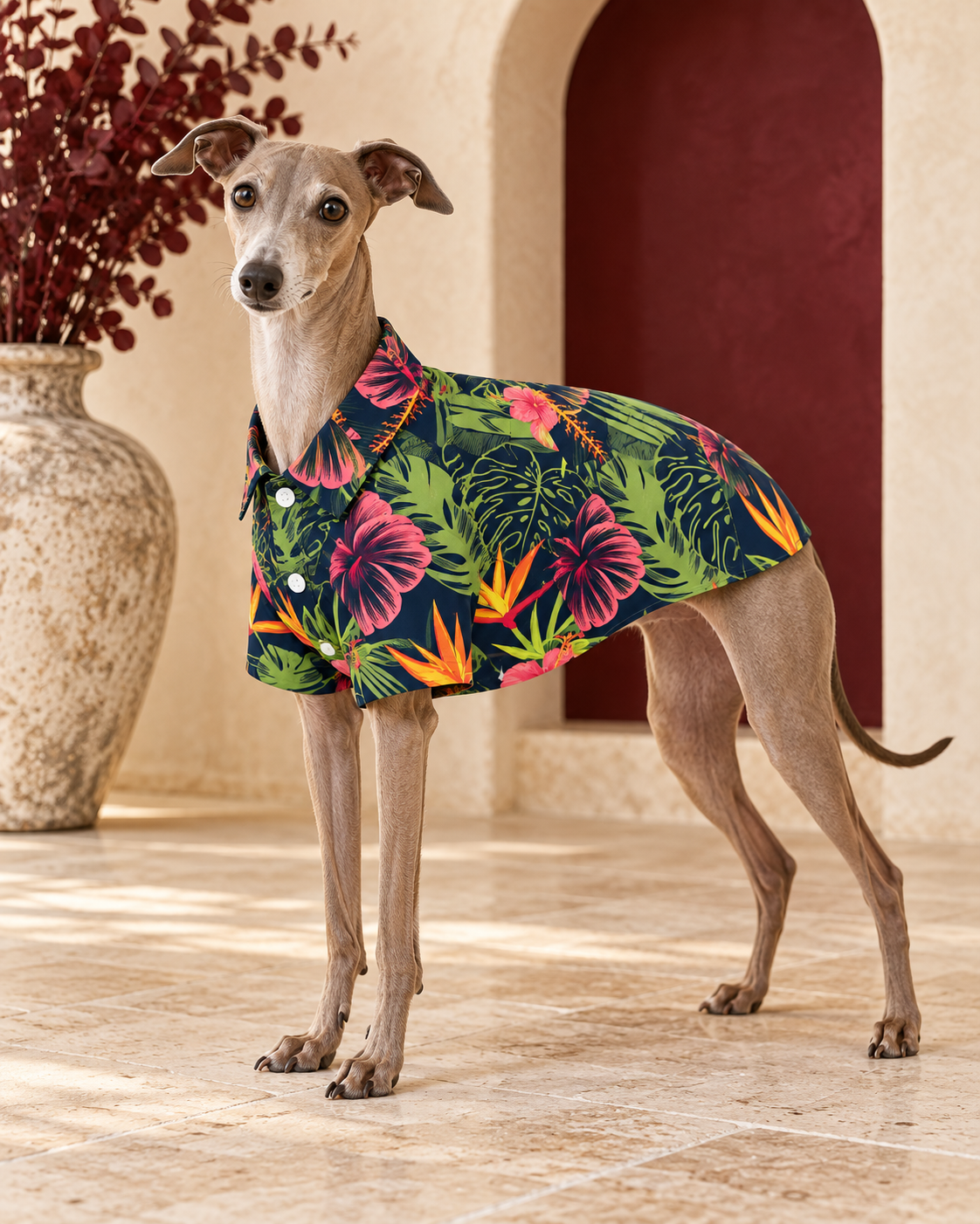 Italian Greyhound wearing the navy shirt with pink hibiscus flowers
