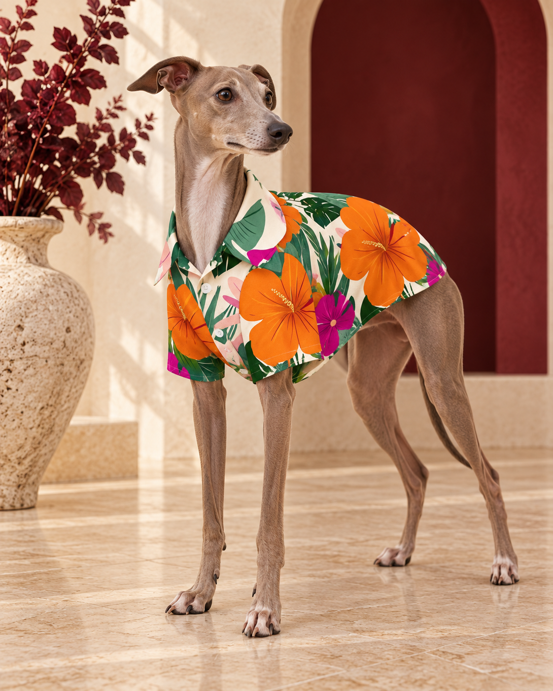 Italian Greyhound wearing the cream shirt with orange and magenta flowers
