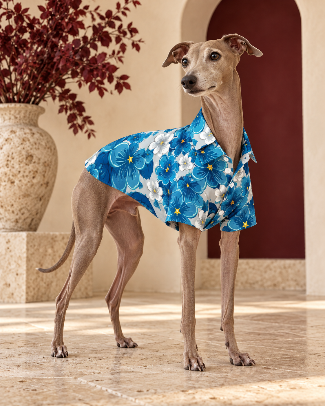 Italian Greyhound wearing the grey and blue floral shirt