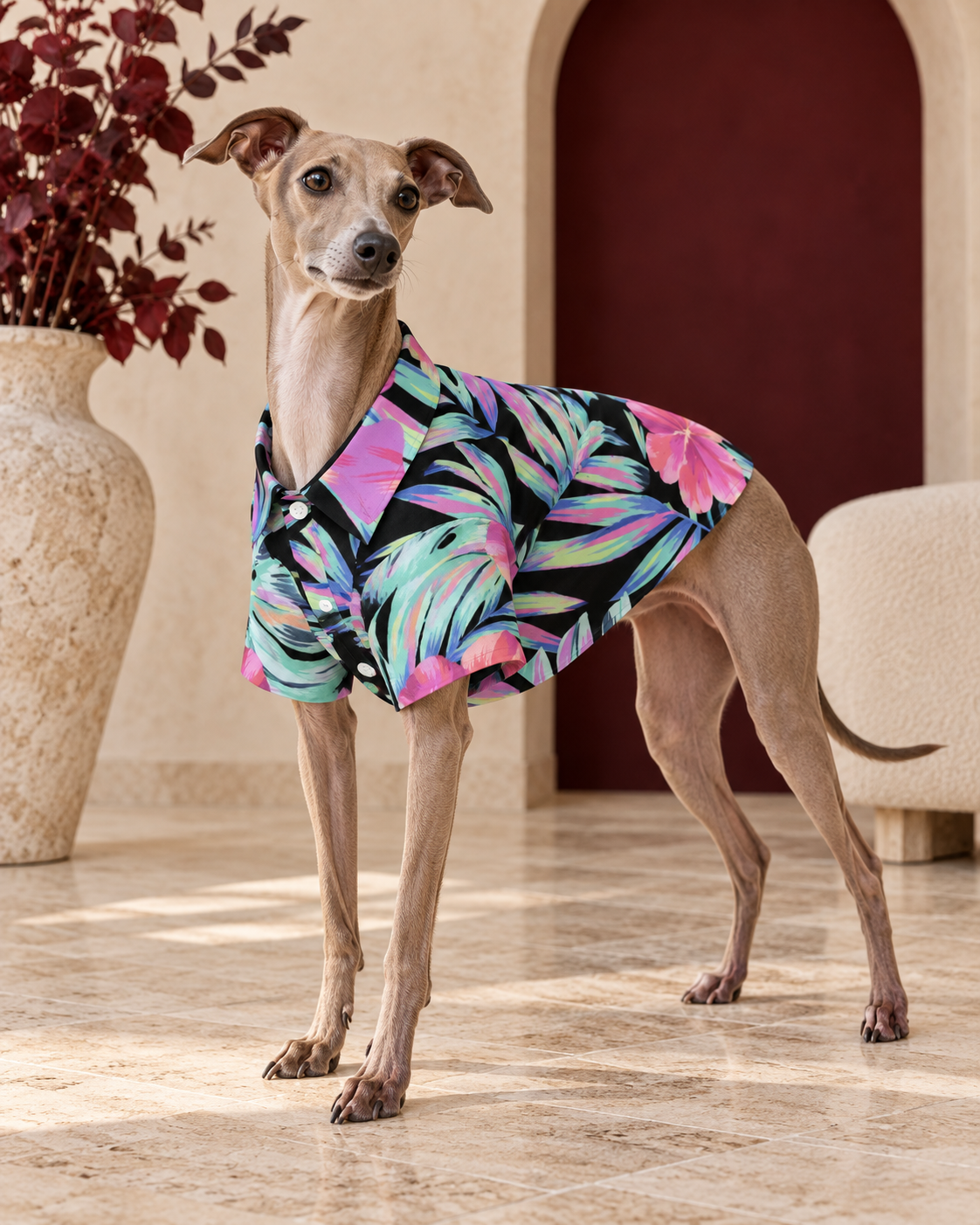 Italian Greyhound wearing the black shirt with pastel tropical leaves