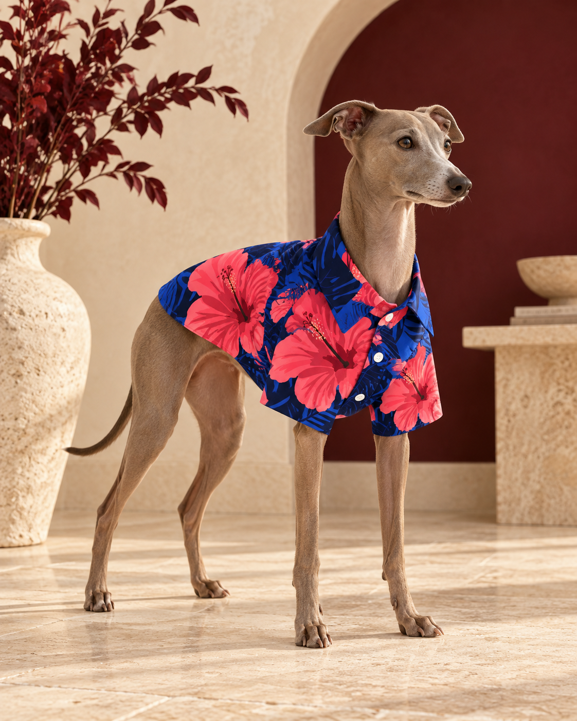 Italian Greyhound wearing the navy shirt with coral hibiscus flowers