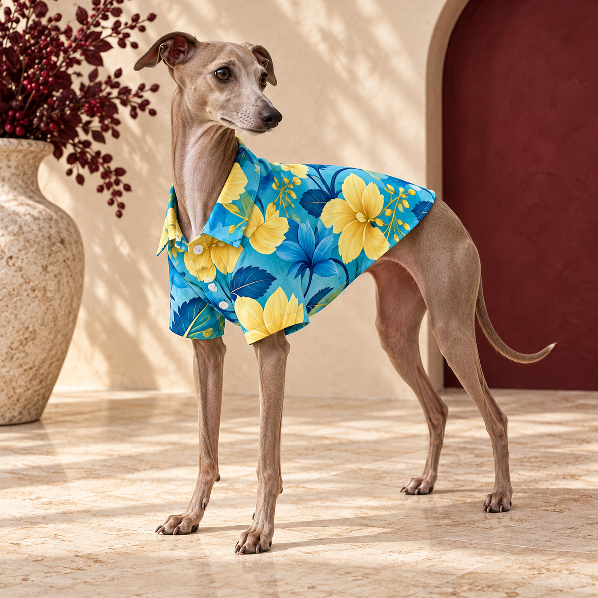 Italian Greyhound wearing the blue shirt with yellow tropical flowers