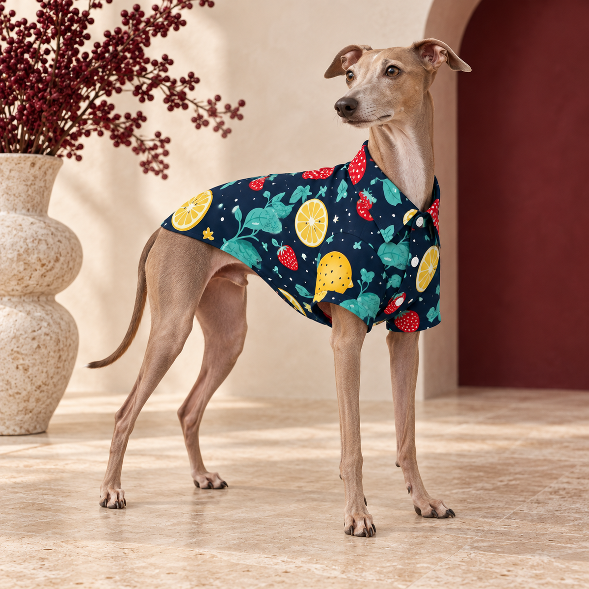 Italian Greyhound wearing the navy shirt with lemons and strawberries