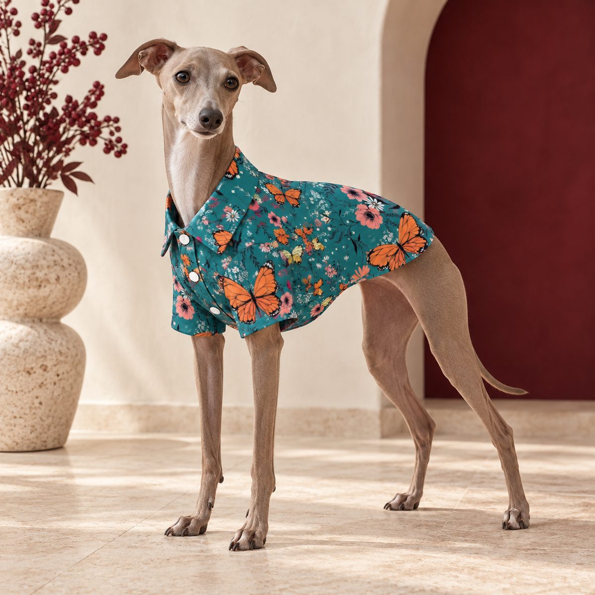 Italian Greyhound wearing the teal shirt with orange butterflies