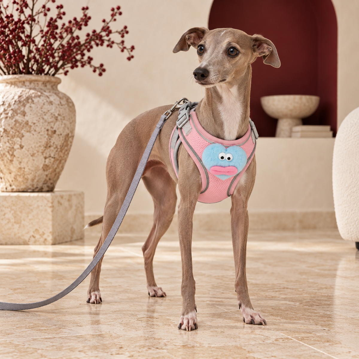 Italian Greyhound wearing the pink breathable chest harness with blue plush character and gray leash