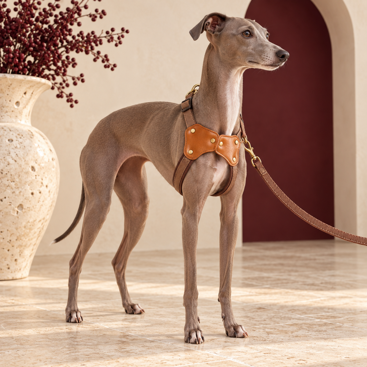 Italian Greyhound wearing the brown harness with tan leather junction plates and leash