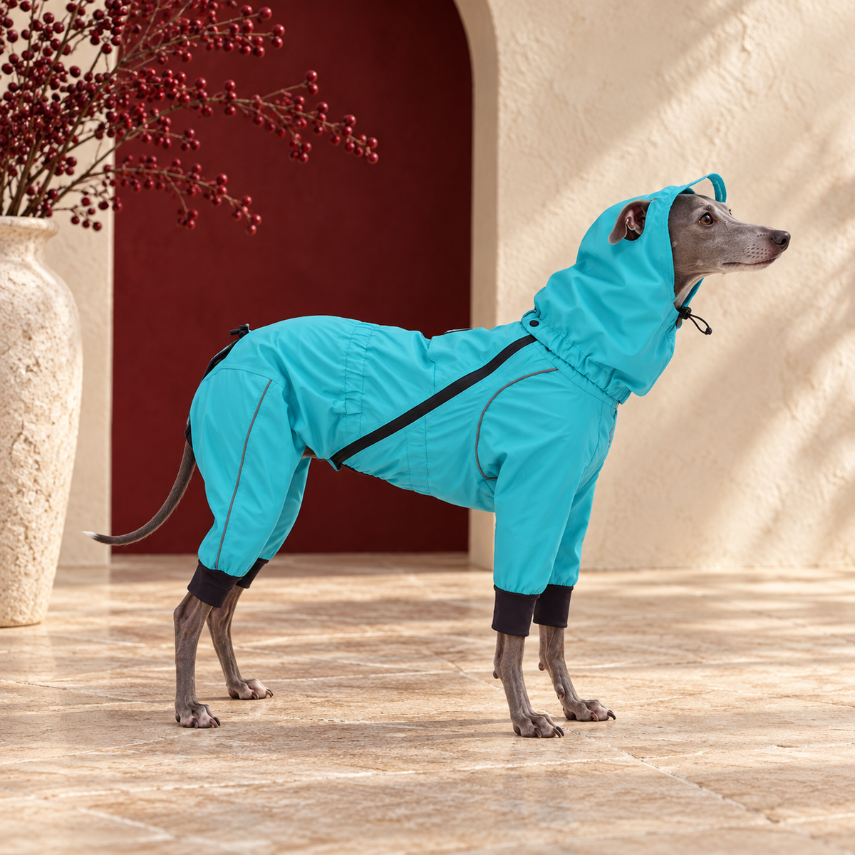 Pro Fully Rubberized Iggy Jacket – Italian Greyhound in the Iggy Grey interior
