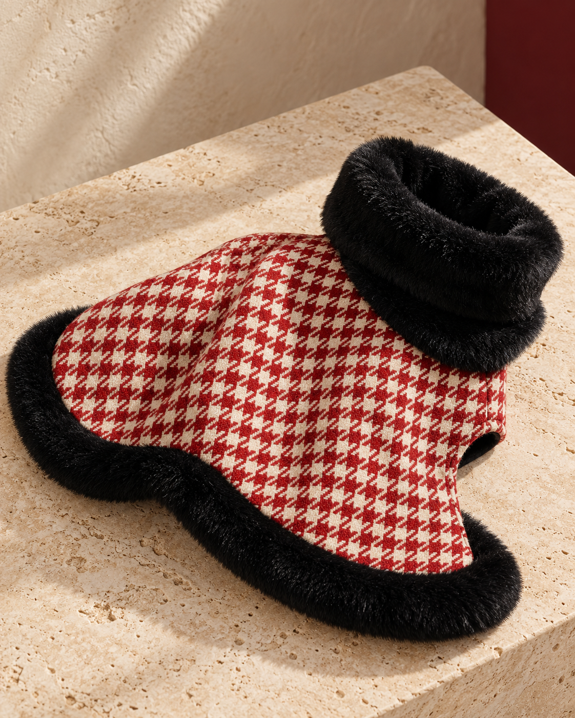 Close view of the red and ivory houndstooth coat and black faux-fur trim on cream stone