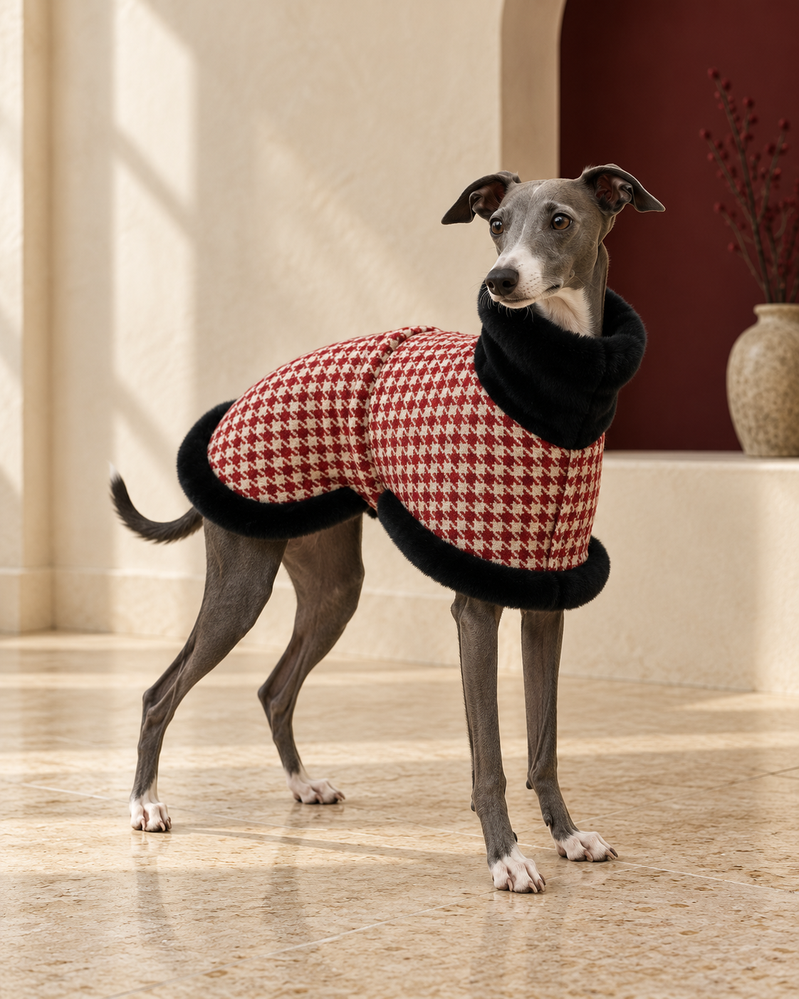 Italian Greyhound wearing a red and ivory houndstooth coat with black faux-fur trim