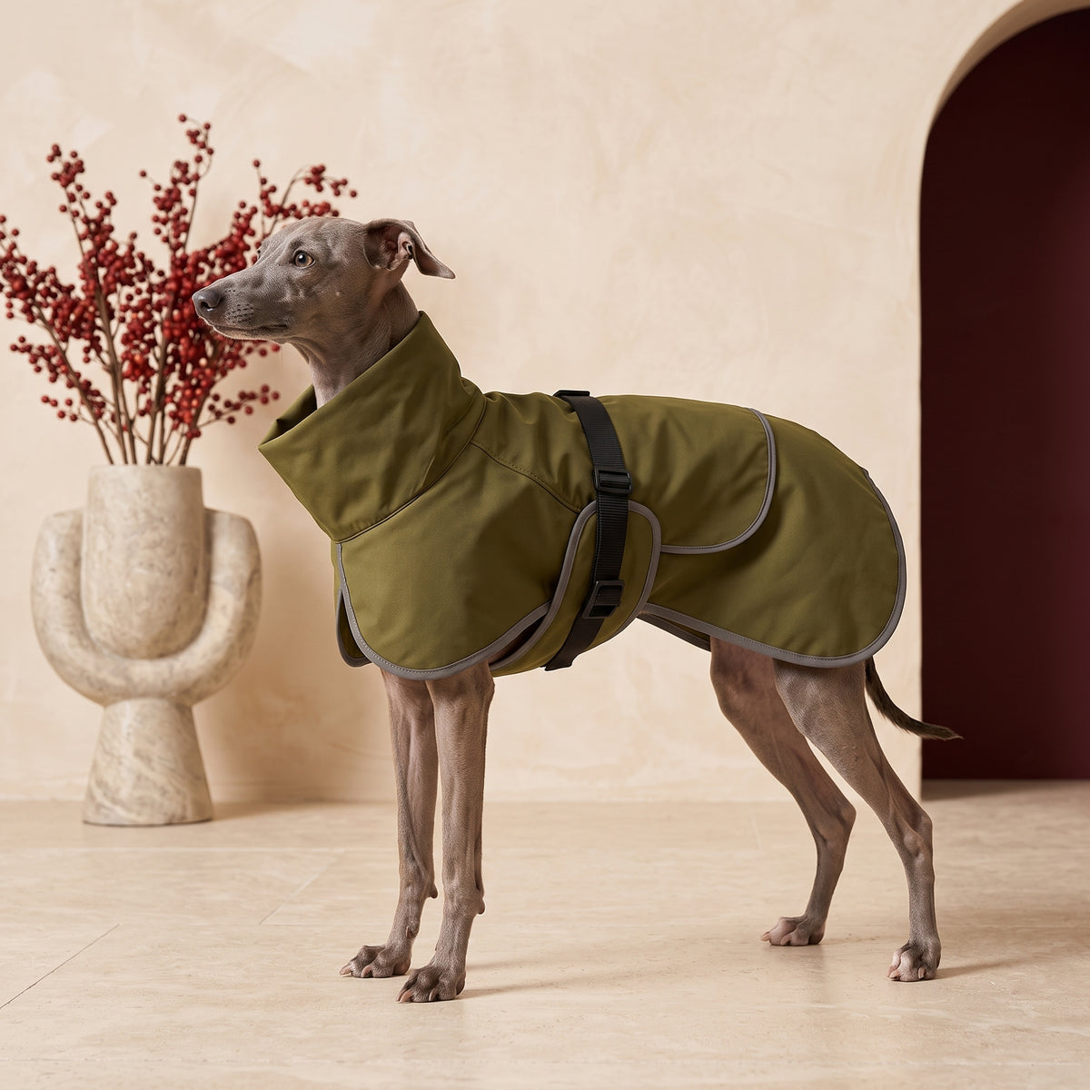 Reflective Iggy Cotton Coat for Winter Warmth – Italian Greyhound in the Iggy Grey interior