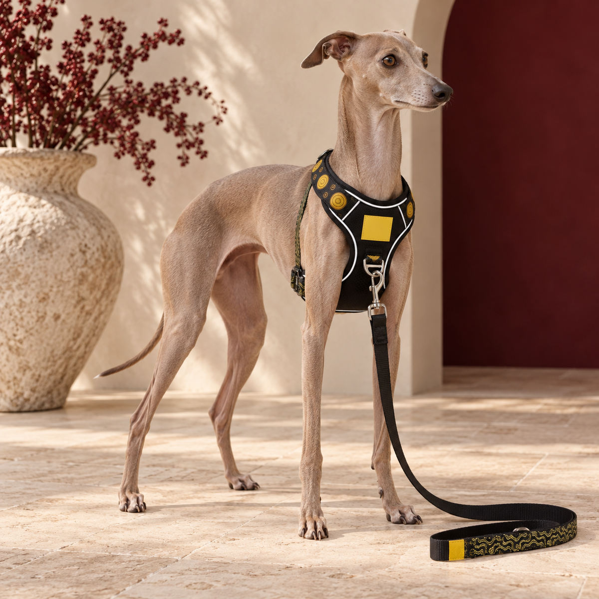 Italian Greyhound wearing the black and yellow reflective harness with matching leash