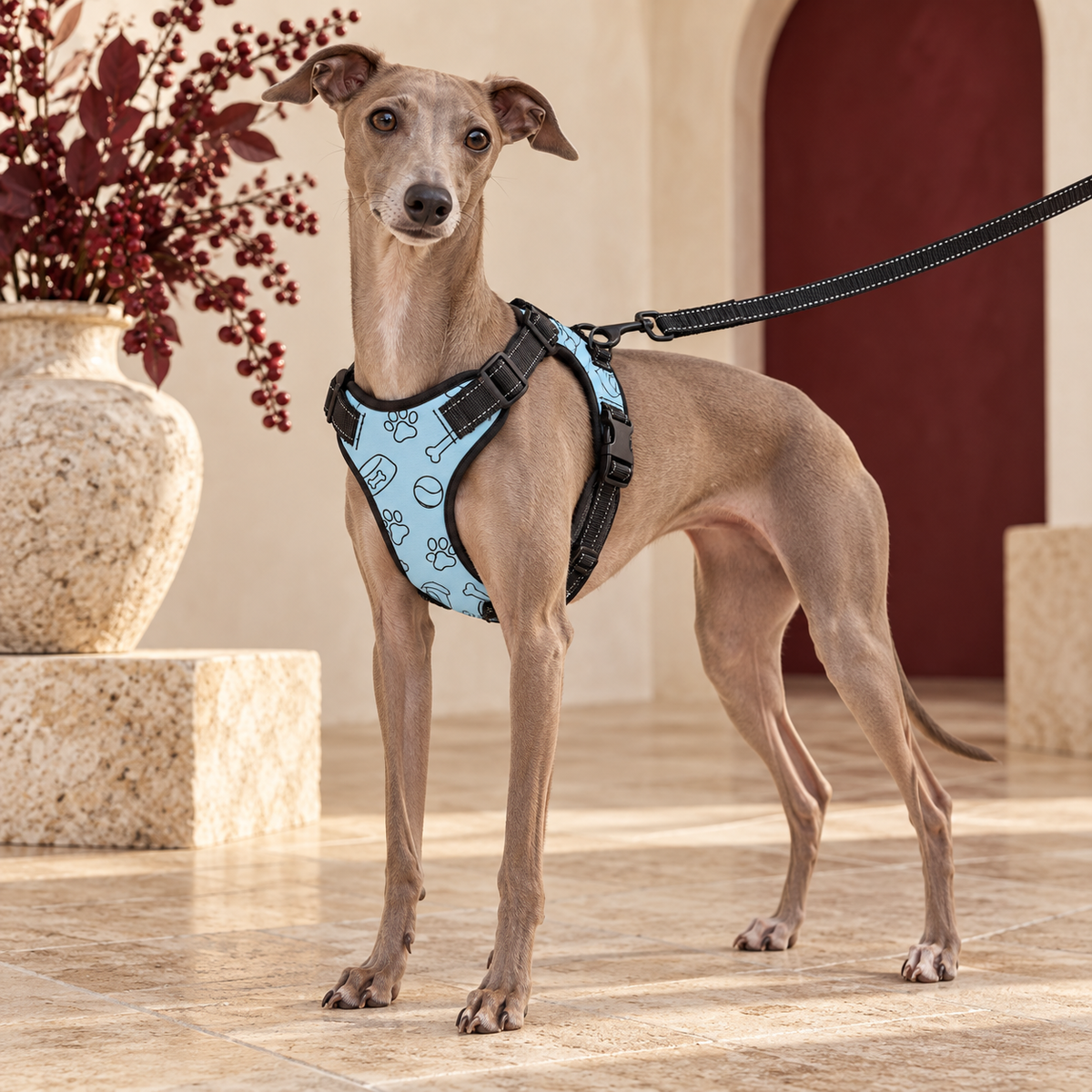 Italian Greyhound wearing the sky-blue paw and bone print no-pull harness with black leash