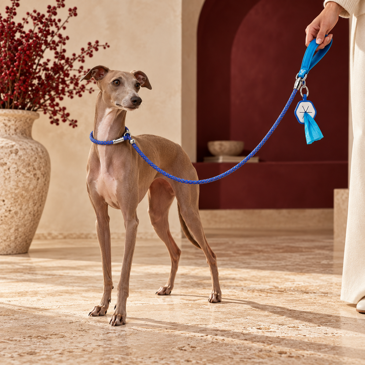 Italian Greyhound wearing the blue rope leash with matching blue bag holder and padded handle