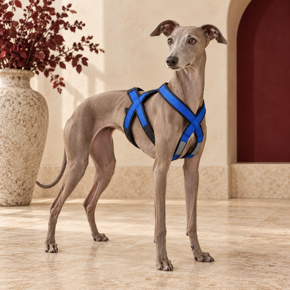 Italian Greyhound wearing the royal-blue and black outdoor pulling harness