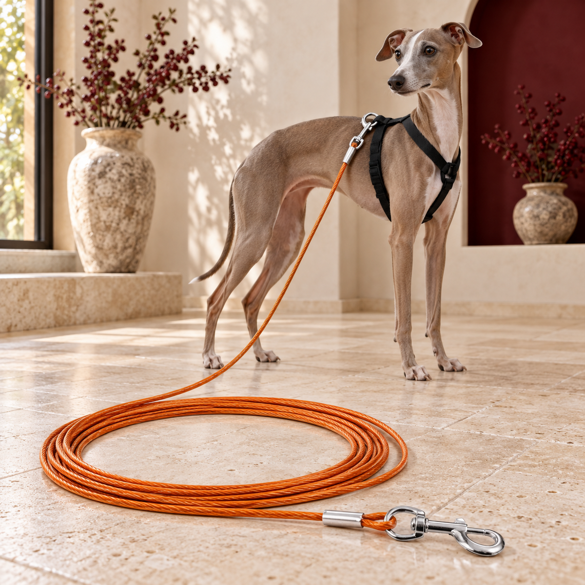 Italian Greyhound with the thin orange-coated steel wire leash and silver swivel clips