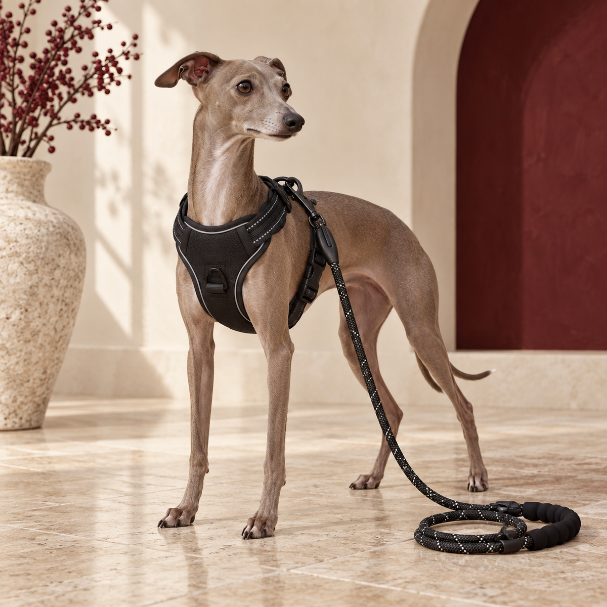 Italian Greyhound wearing the black reflective training harness and matching black rope leash