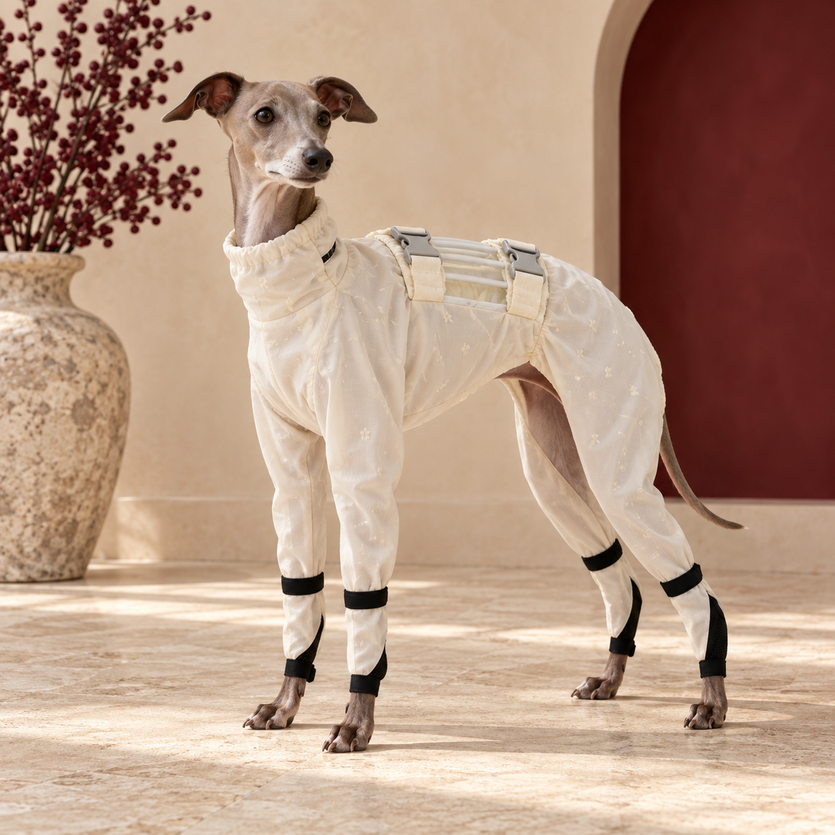 Italian Greyhound wearing the ivory four-leg waterproof jumpsuit