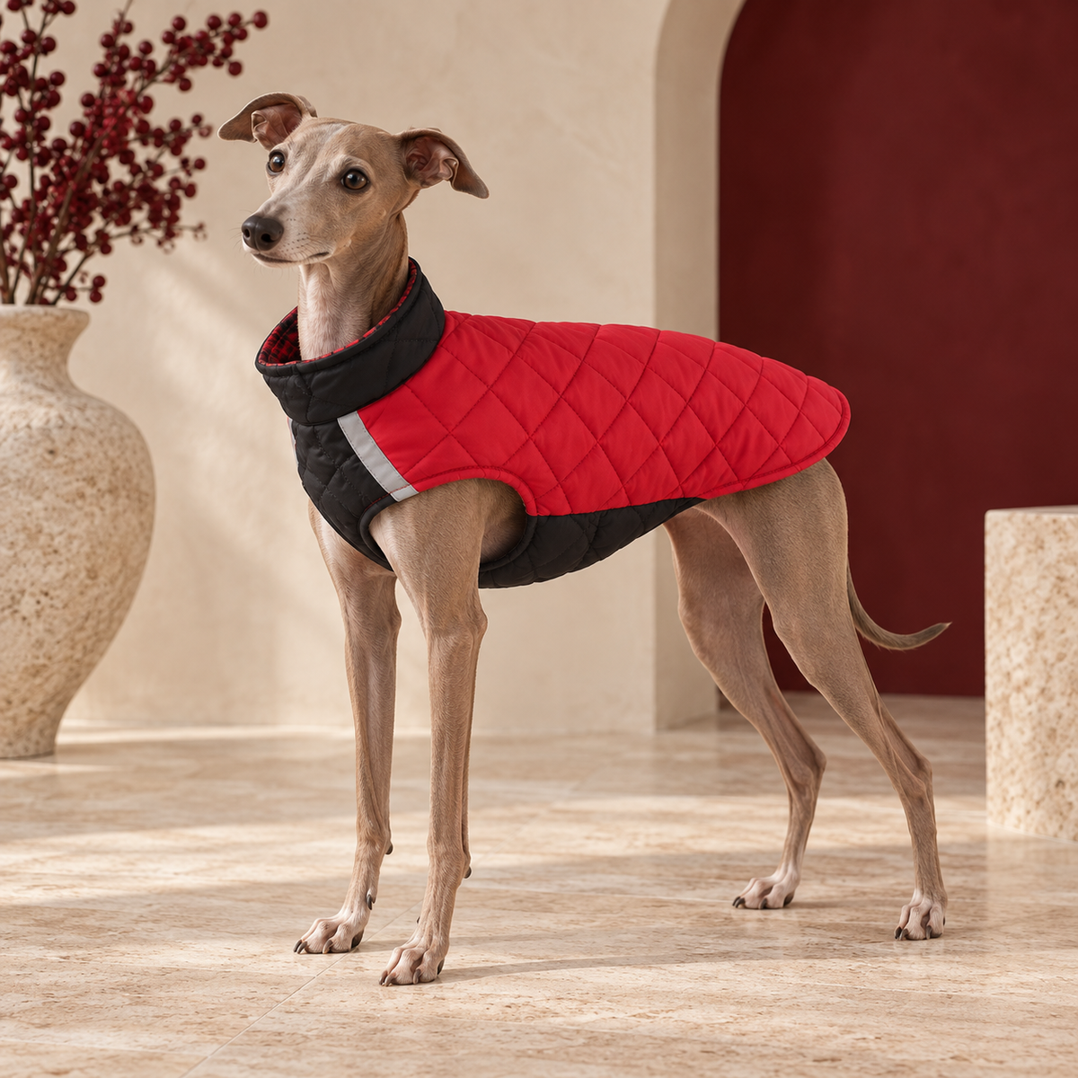 Italian Greyhound wearing the red quilted winter jacket