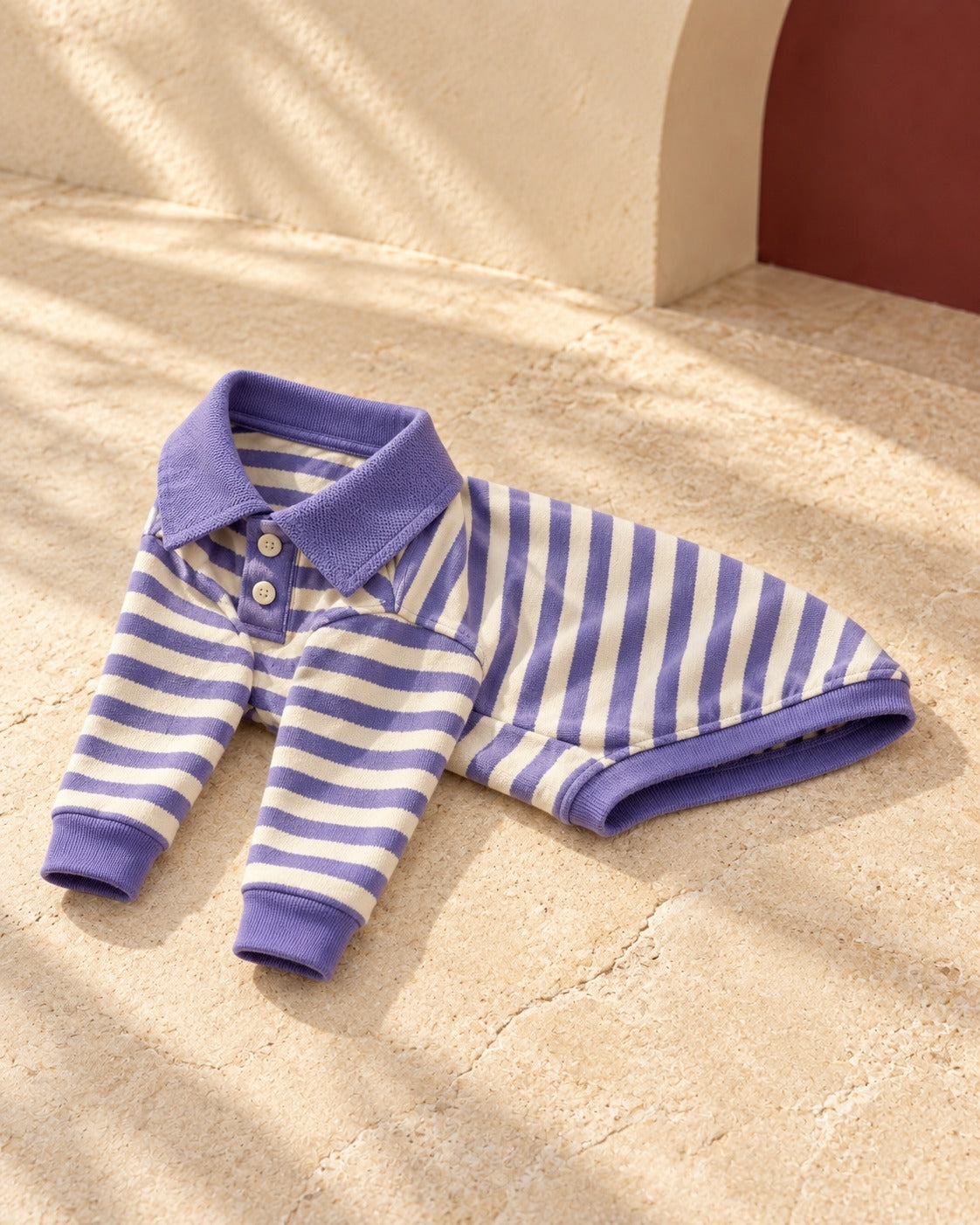 Lavender Stripe Cotton Iggy Polo in Purple, garment detail