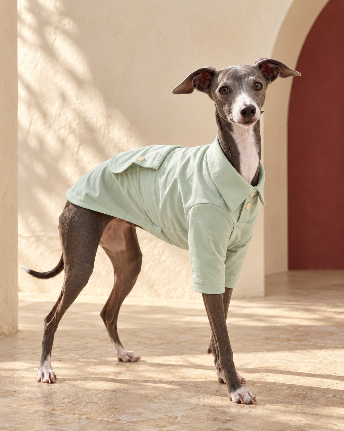 Lightweight Iggy Summer Shirt in Mint Green, worn by an Italian Greyhound
