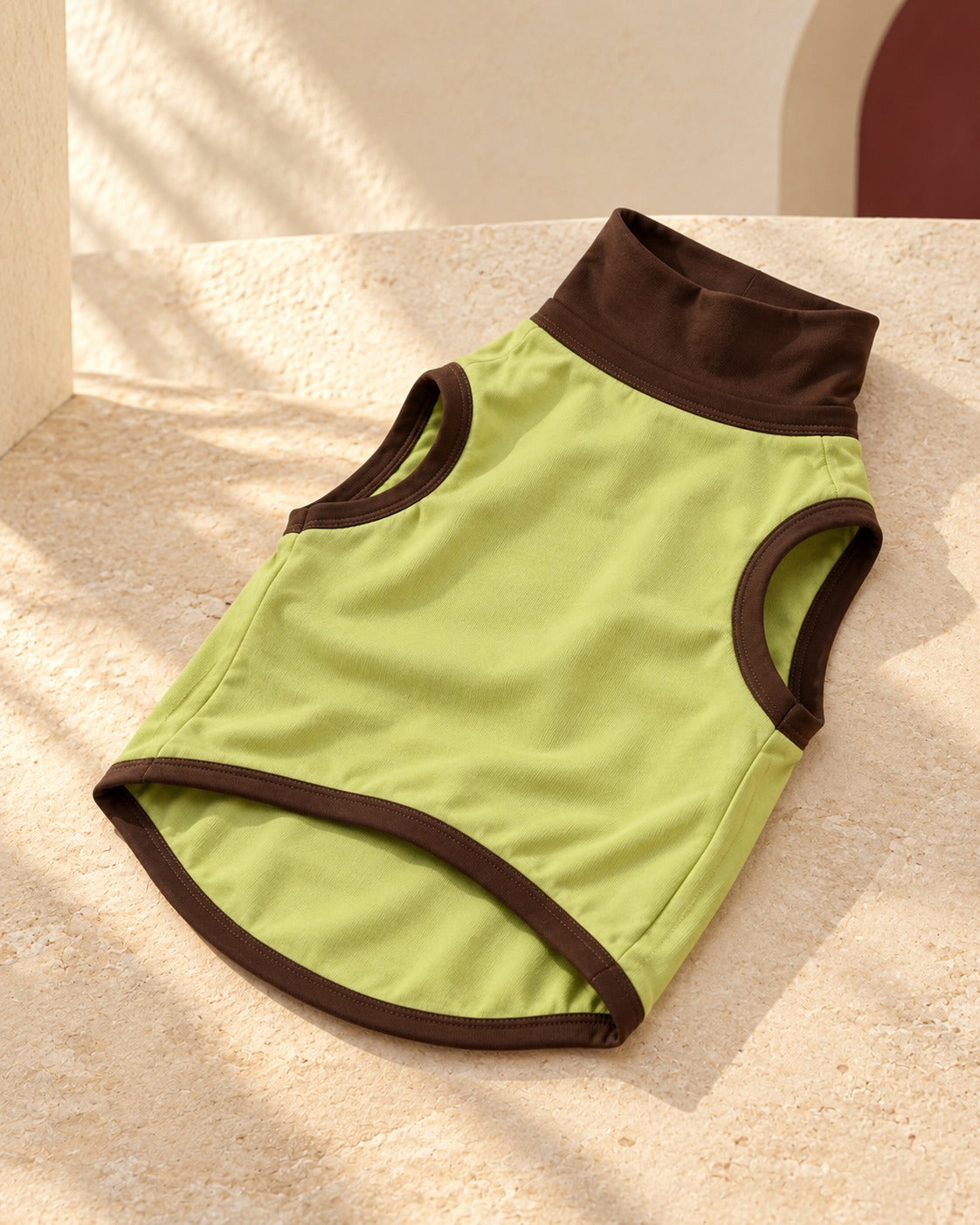 Lime & Brown Sleeveless Iggy Top in Avocado Green, garment detail