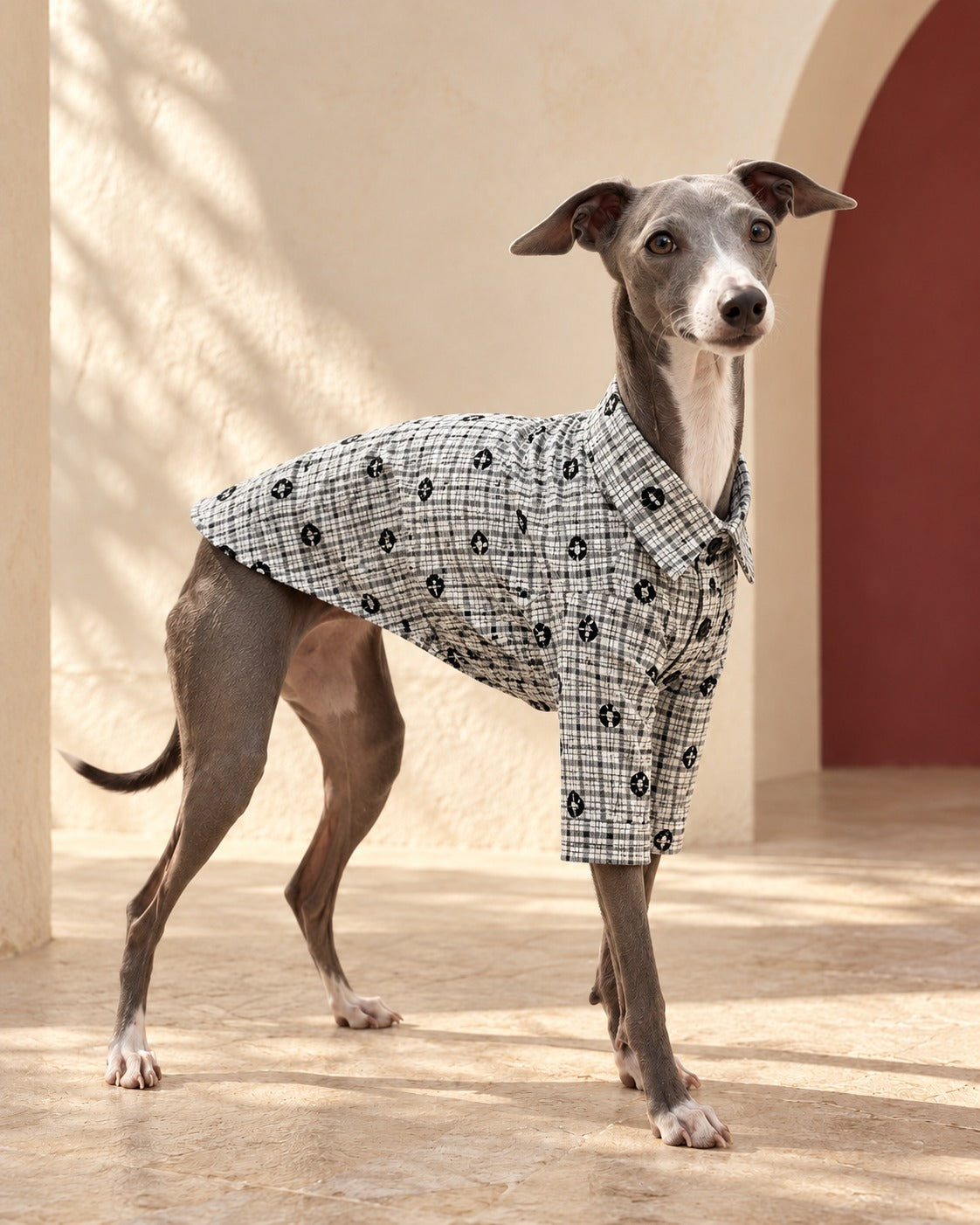 Monochrome Check Iggy Shirt, worn by an Italian Greyhound