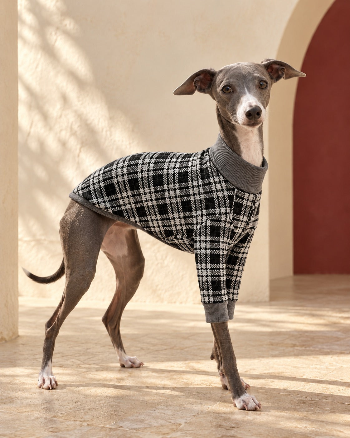 Monochrome Check Knit Iggy Cardigan, worn by an Italian Greyhound
