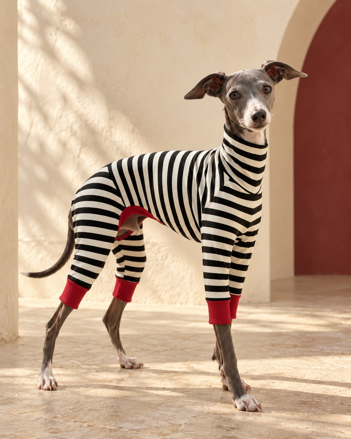 Monochrome Stripe Covered-Belly Iggy Suit, worn by an Italian Greyhound