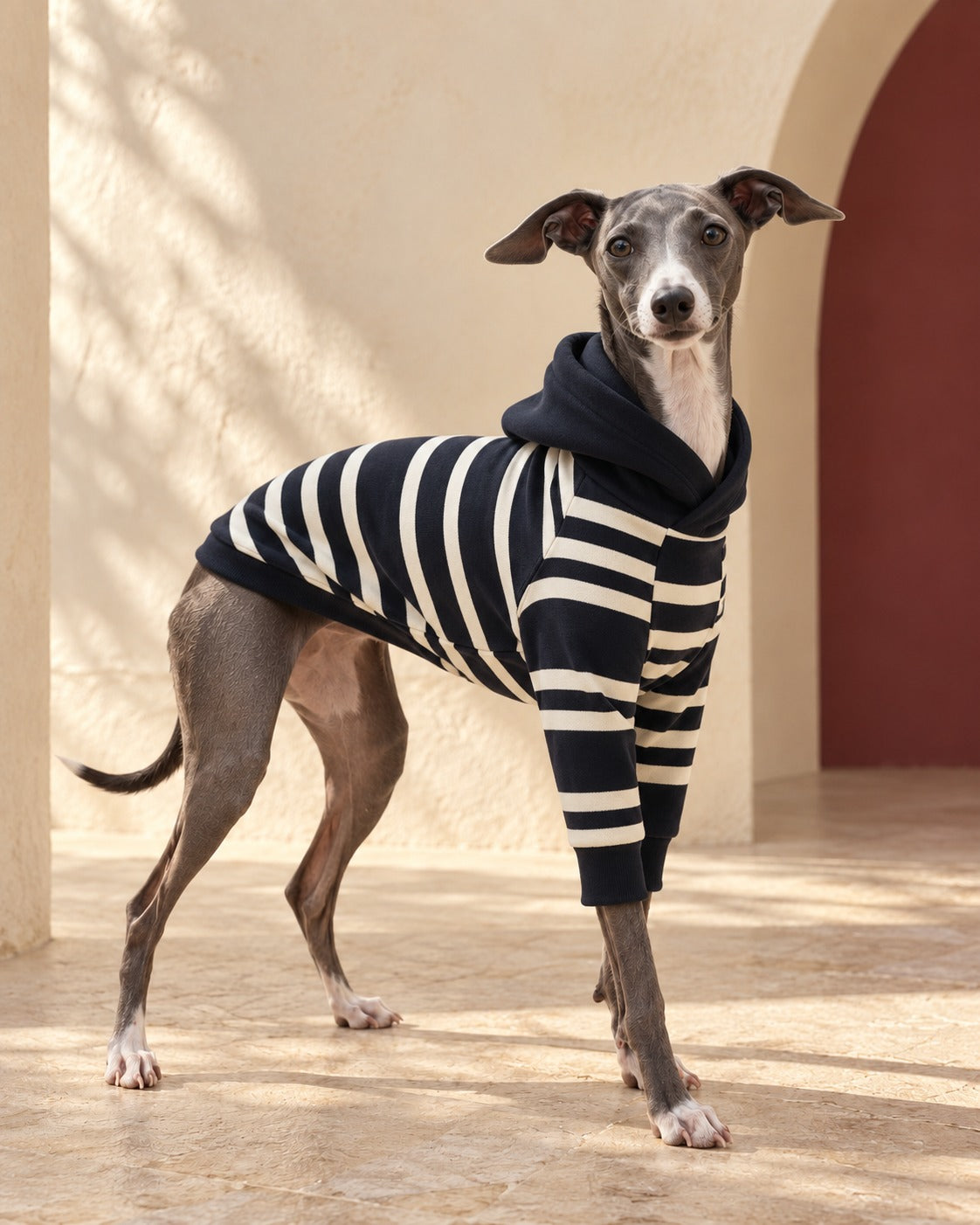 Navy Stripe Iggy Hoodie, worn by an Italian Greyhound