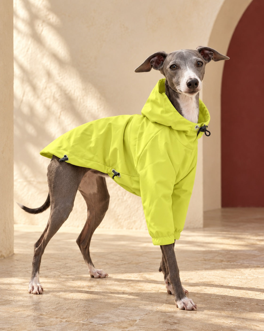 Neon Yellow Hooded Iggy Anorak in Neon Yellow, worn by an Italian Greyhound
