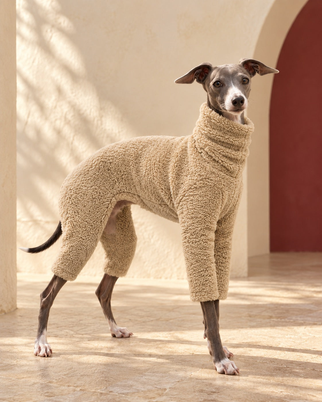 Oat Teddy Fleece Four-Leg Iggy Suit, worn by an Italian Greyhound