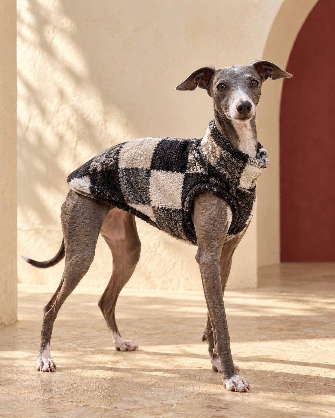 Oversized Check Fleece Iggy Vest, worn by an Italian Greyhound