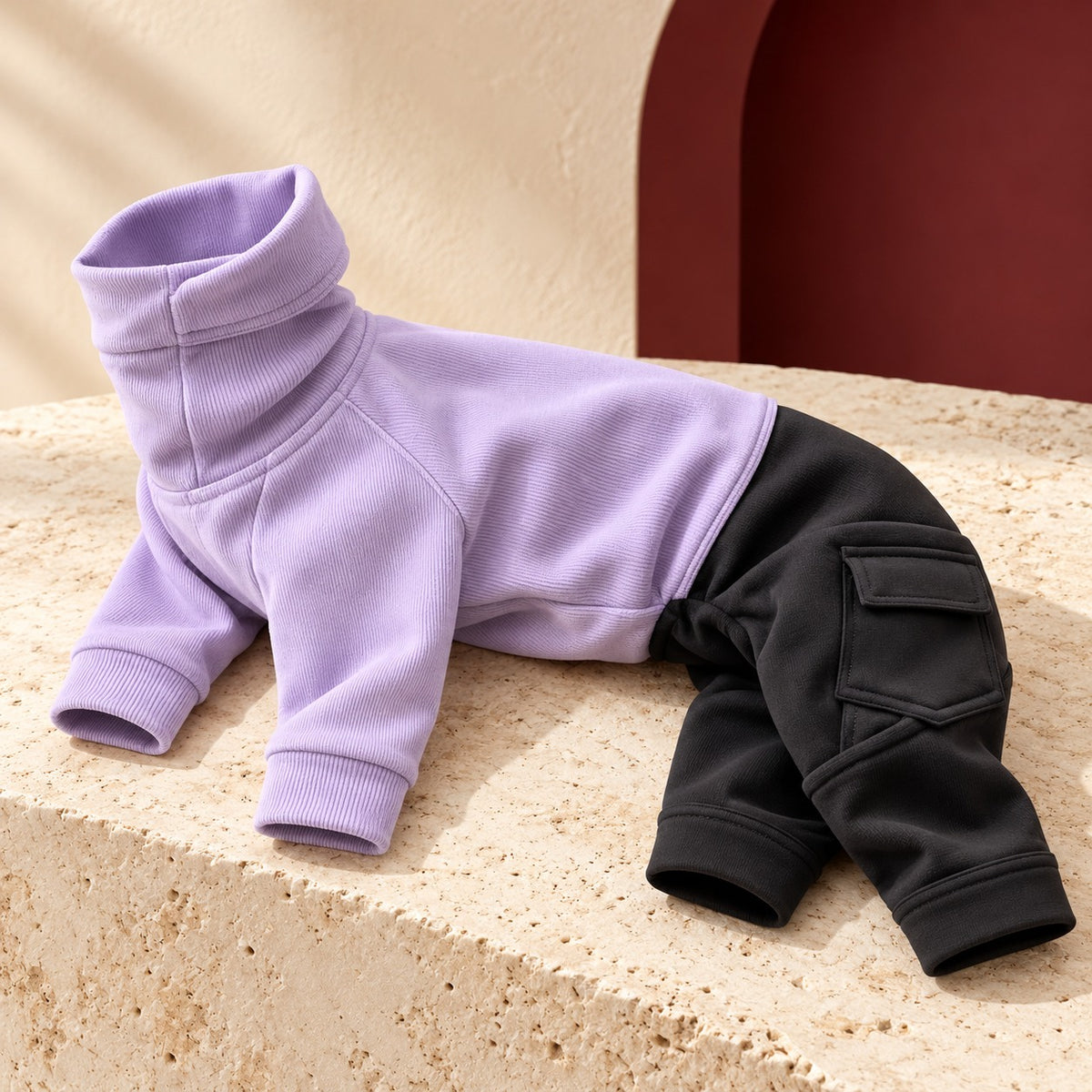 Panelled Four-Leg Iggy Onesie in Lilac, garment detail