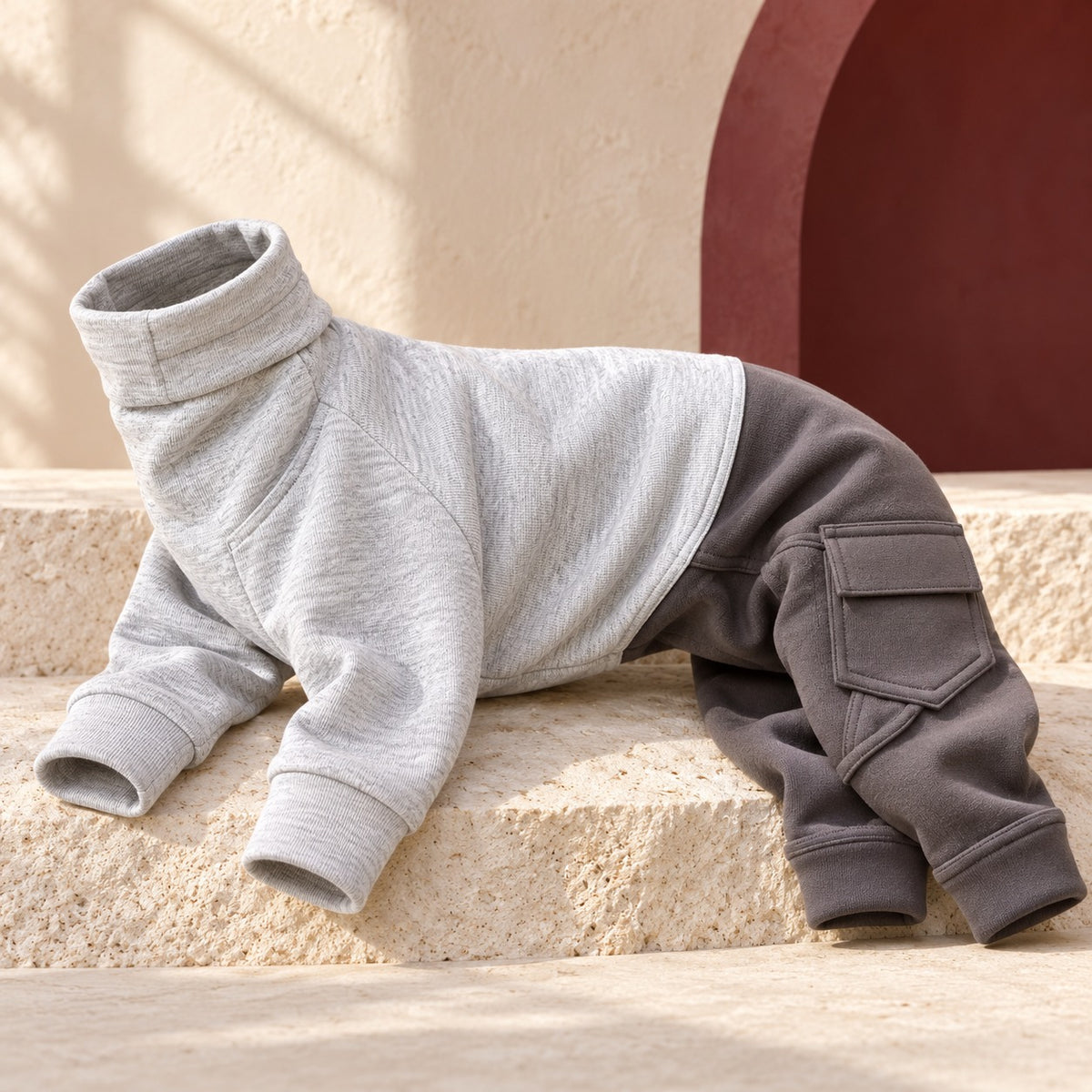 Panelled Four-Leg Iggy Onesie in Light Heather Grey, garment detail