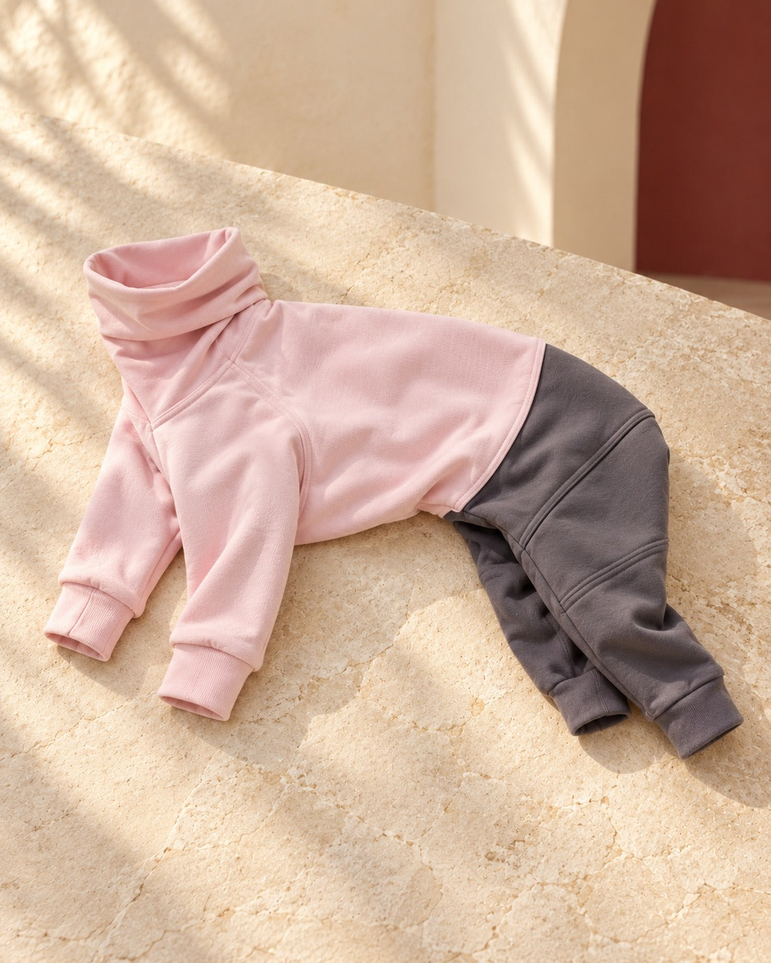 Panelled Four-Leg Iggy Onesie in Pale Pink, garment detail