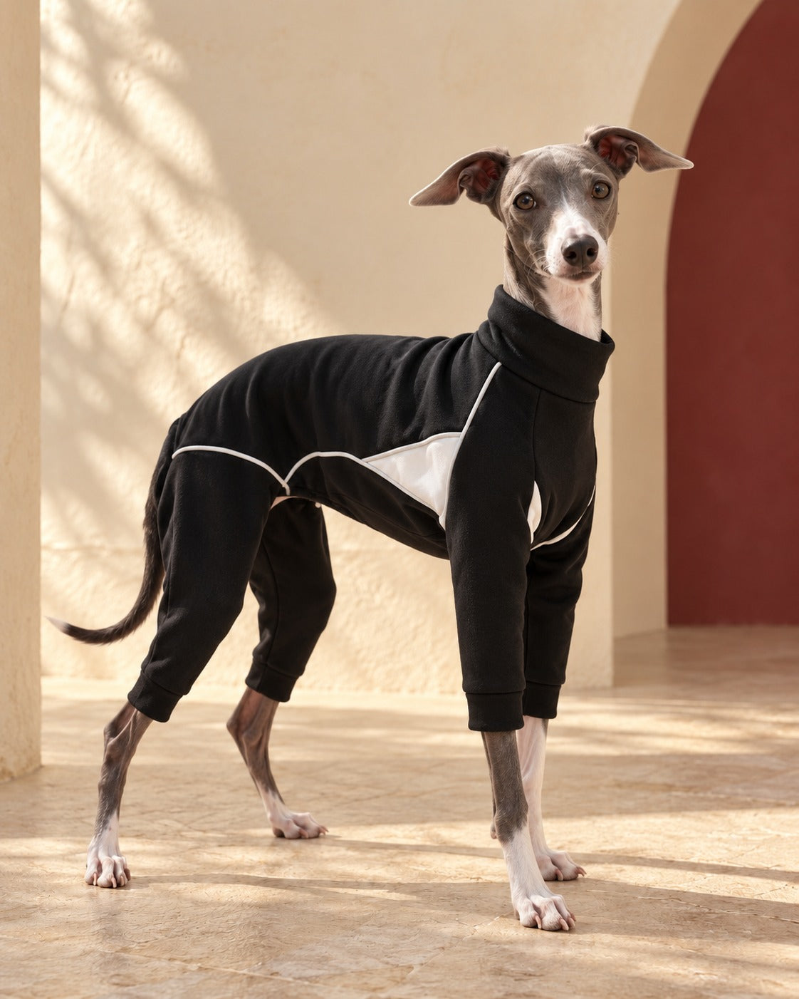Panelled Four-Leg Iggy Snow Suit in Black, worn by an Italian Greyhound