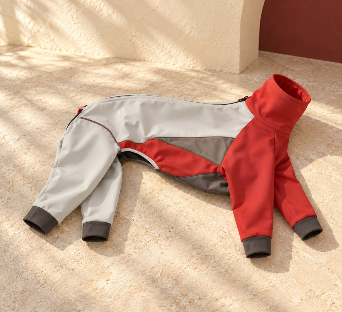 Panelled Four-Leg Iggy Snow Suit in Red, garment detail