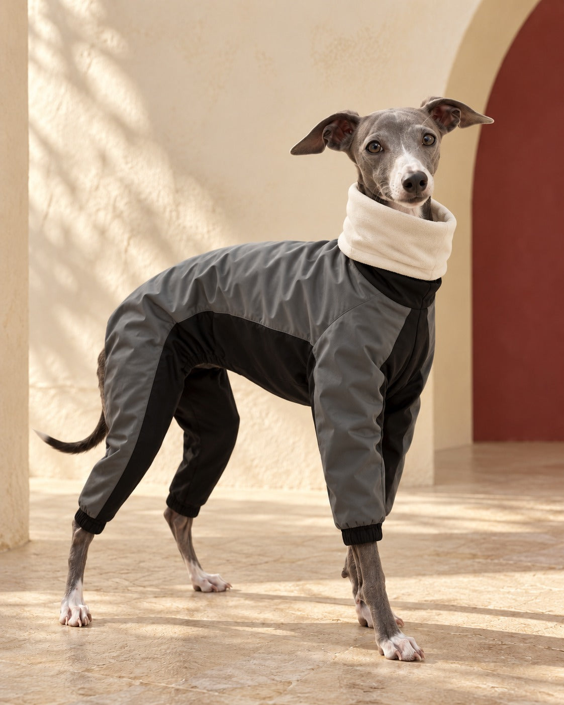 Panelled Four-Leg Iggy Winter Suit in Grey & Black, worn by an Italian Greyhound