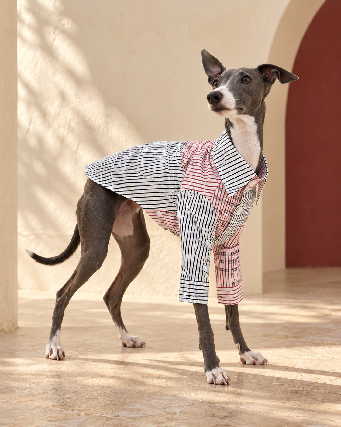 Patchwork Stripe Cotton Iggy Shirt, worn by an Italian Greyhound