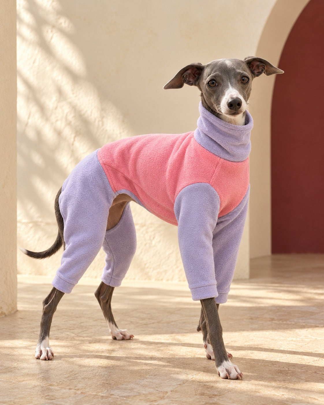 Pink & Lavender Four-Leg Iggy Suit, worn by an Italian Greyhound