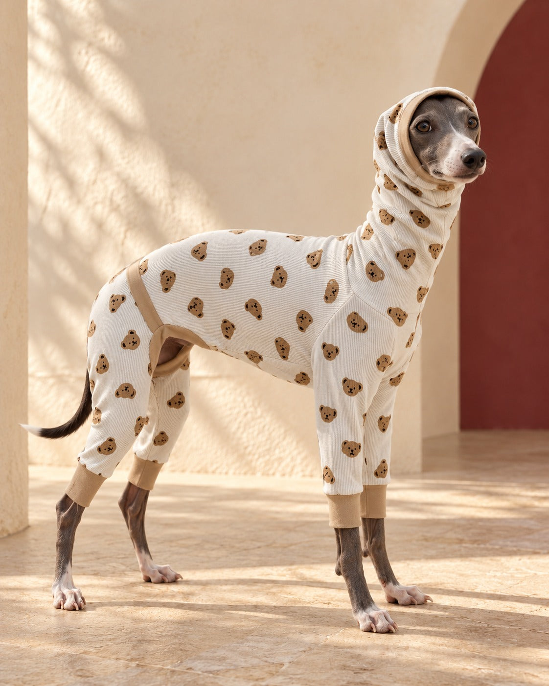 Printed Covered-Belly Iggy Onesie, worn by an Italian Greyhound