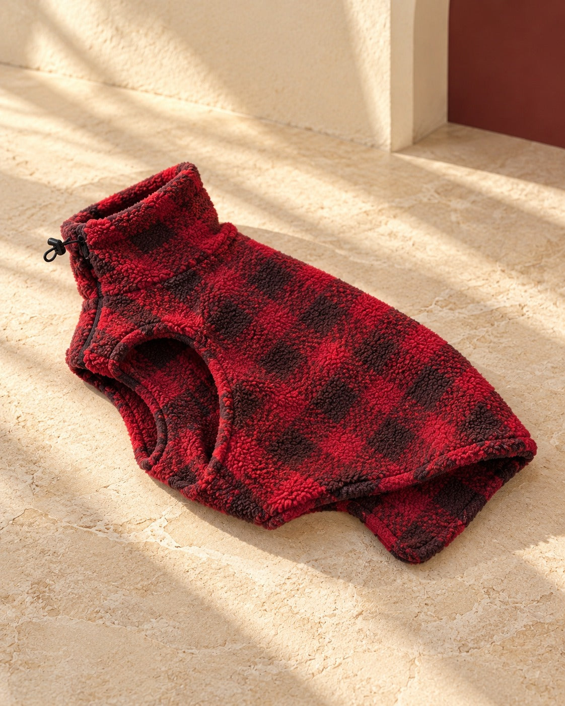 Red Check Fleece Iggy Vest, garment detail