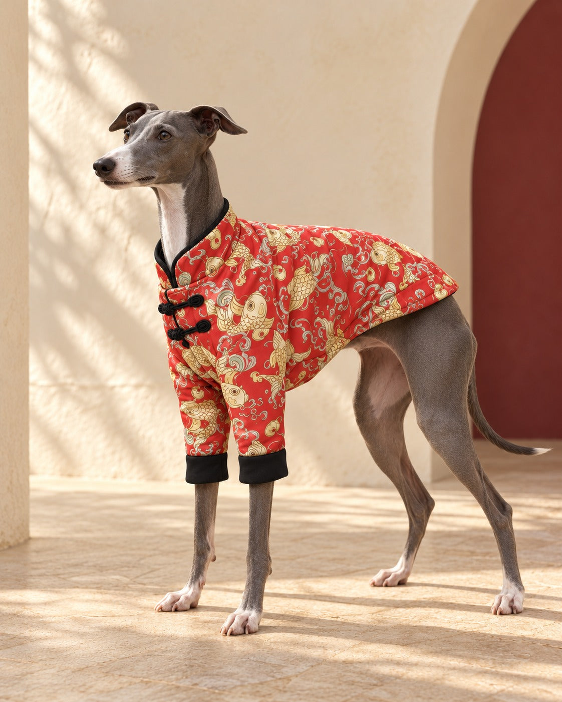 Red Koi-Print Iggy Celebration Jacket, worn by an Italian Greyhound