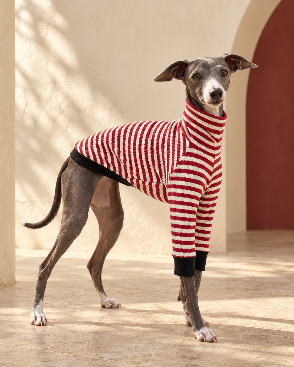 Red Stripe Cotton Iggy Pullover, worn by an Italian Greyhound