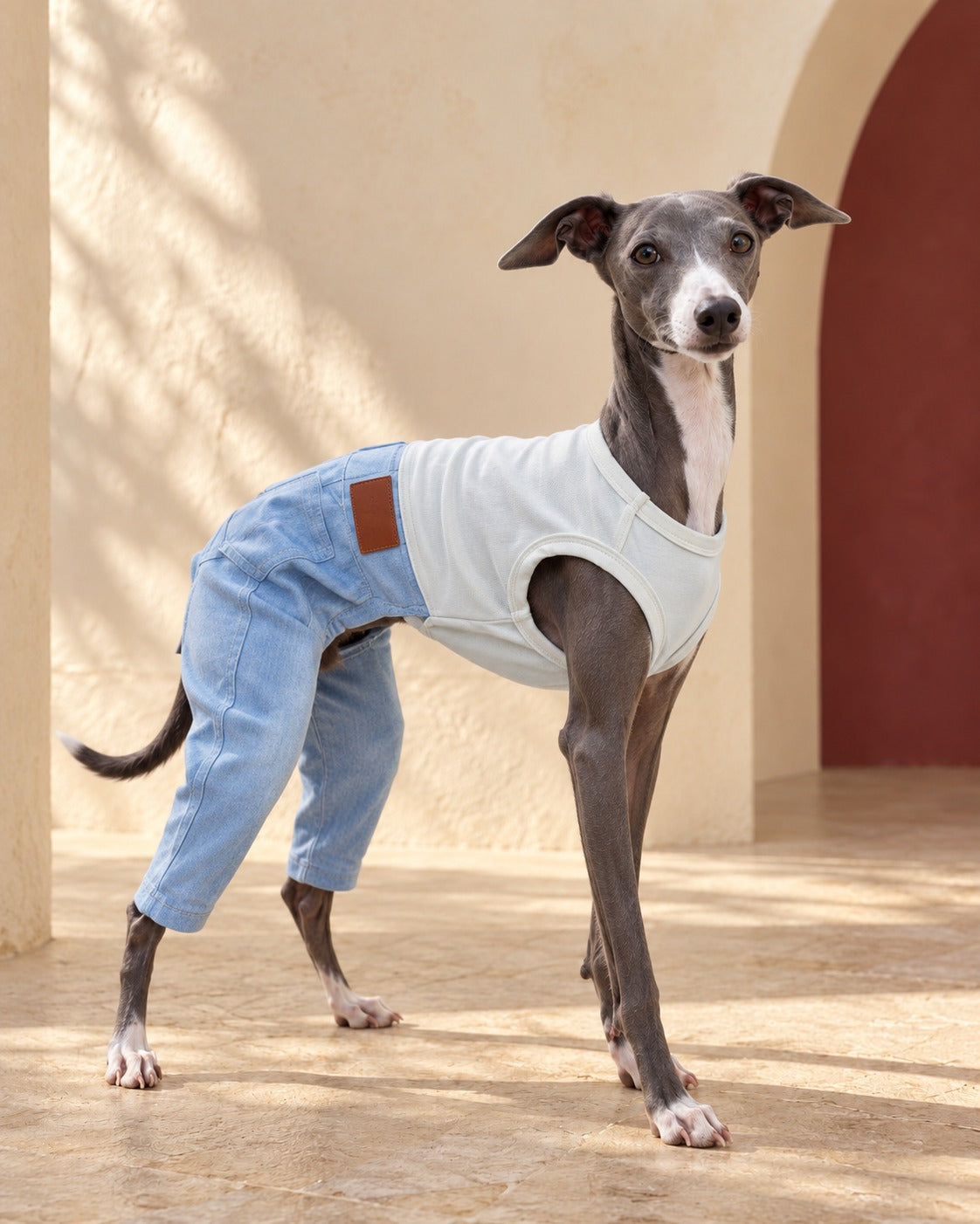 Sleeveless Iggy Overall Suit in Blue, worn by an Italian Greyhound